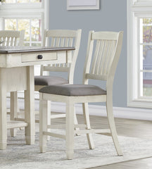 Antique White and Rosy-Brown Counter Height Dining 7pc Set Counter Height Table w Storage Display Shelf 4x Drawers Wine Rack and 6x Counter Height Chairs