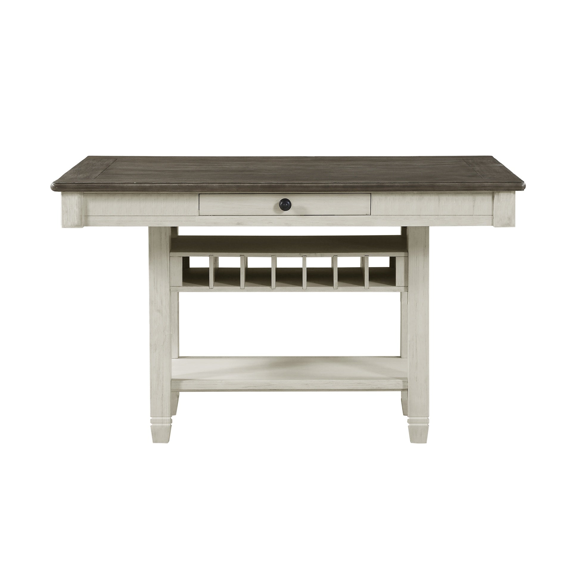 Antique White and Rosy-Brown Counter Height Dining 7pc Set Counter Height Table w Storage Display Shelf 4x Drawers Wine Rack and 6x Counter Height Chairs