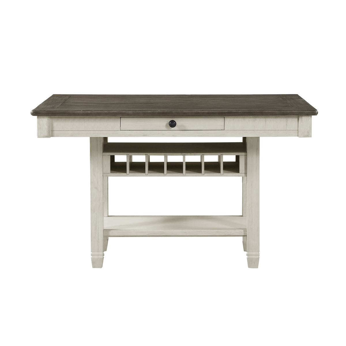 Antique White and Rosy Brown 1pc Counter Height Table with Storage Drawers Display Shelf Wine Rack Casual Dining Furniture