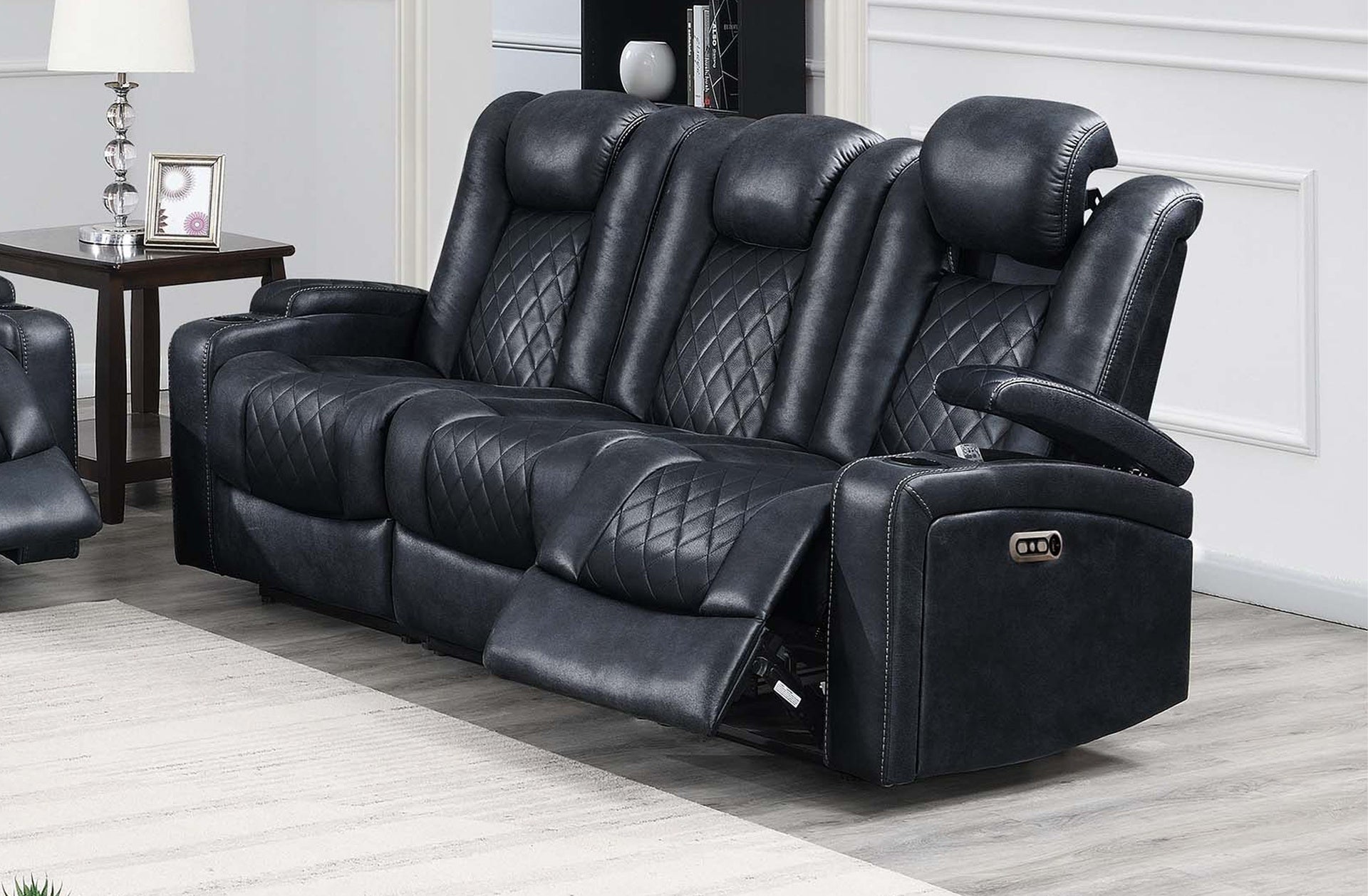Modern Contemporary Style Power Reclining Sofa 1pc Adjustable Headrest Storage Sofa Cup Holder Ink Blue Finish Primary Living Room Furniture