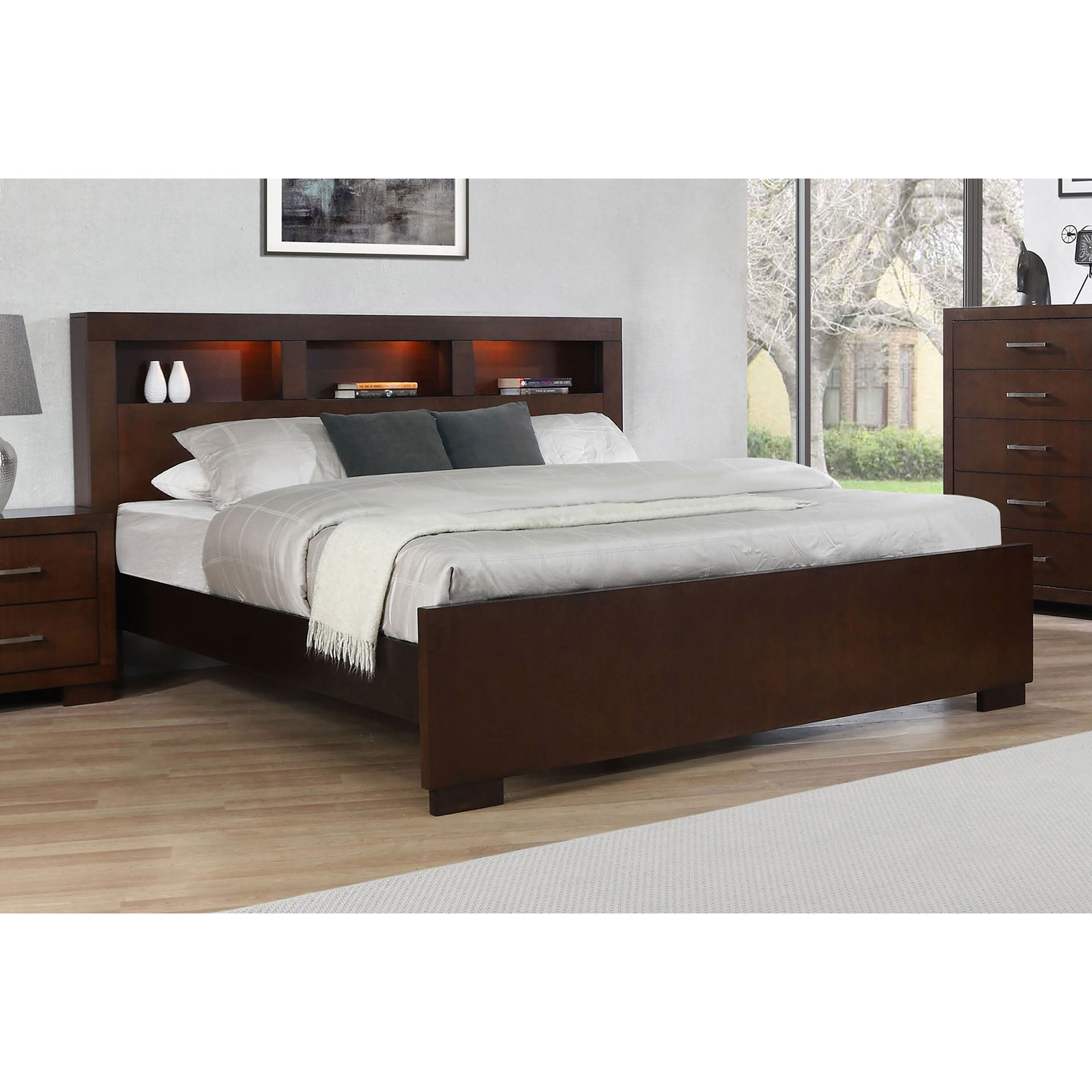 Copper Cappuccino Eastern King LED Storage Bookcase Bed