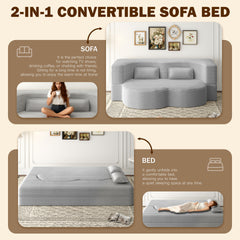Modern Floor Sofa with 2 Pillows,Convertible Corduroy Fabric Foam-Filled Sleeper Sofa Bed,15" Twin Size Folding Mattress for Living Room,Guest Bed,Playroom,no assembly required,Light Grey