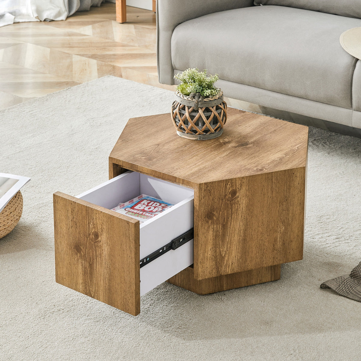 Simple and Practical! MDF material hexagonal coffee table with drawers.Made of high-quality materials,Adopting a unique hexagonal design,simple and elegant without losing personality.