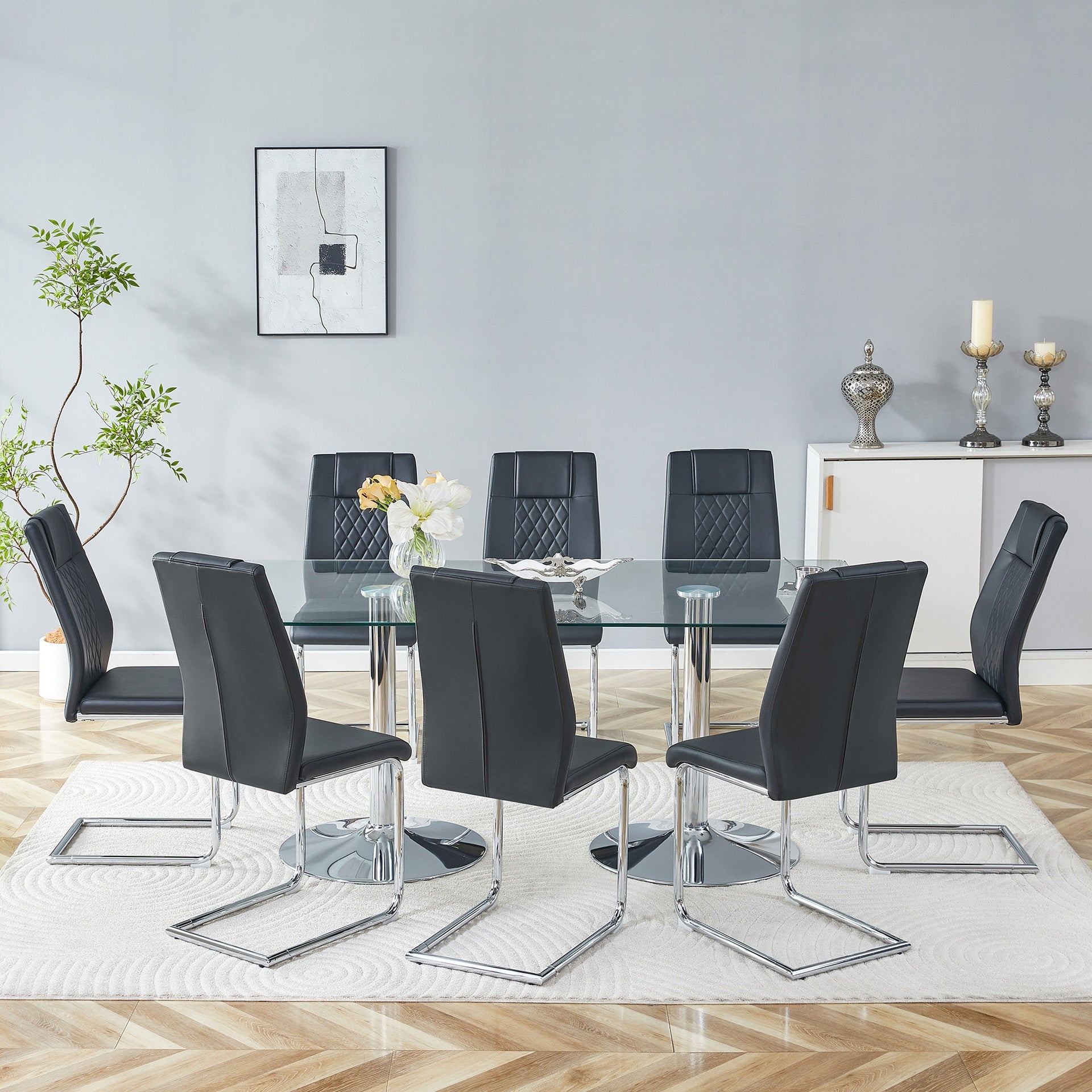 Table and chair set. 71 inch x 35.4-inch tempered glass table,Black High-quality PU Chairs With Arched Metal Legs, Modern Kitchen Table & 8 Seater Dining Room Furniture Set for Family Gatherings.