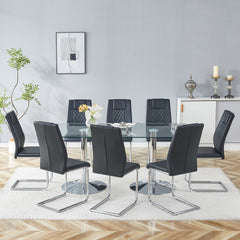 Table and chair set. 71 inch x 35.4-inch tempered glass table,Black High-quality PU Chairs With Arched Metal Legs, Modern Kitchen Table & 8 Seater Dining Room Furniture Set for Family Gatherings.