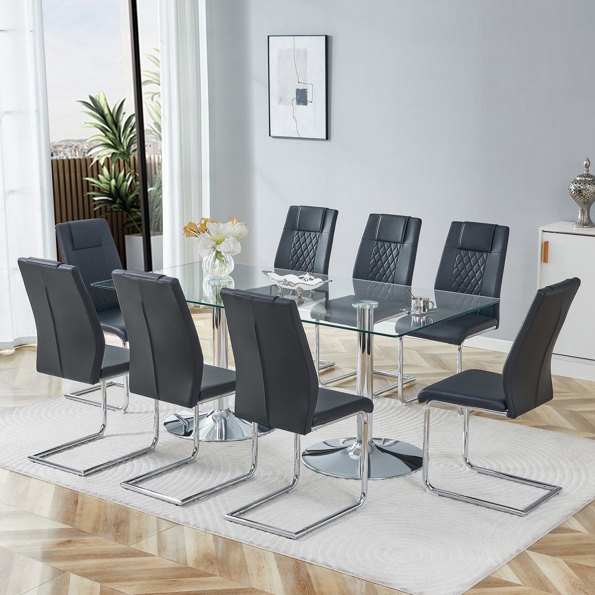 Table and chair set. 71 inch x 35.4-inch tempered glass table,Black High-quality PU Chairs With Arched Metal Legs, Modern Kitchen Table & 8 Seater Dining Room Furniture Set for Family Gatherings.