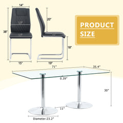 Table and chair set. 71 inch x 35.4-inch tempered glass table,Black High-quality PU Chairs With Arched Metal Legs, Modern Kitchen Table & 8 Seater Dining Room Furniture Set for Family Gatherings.