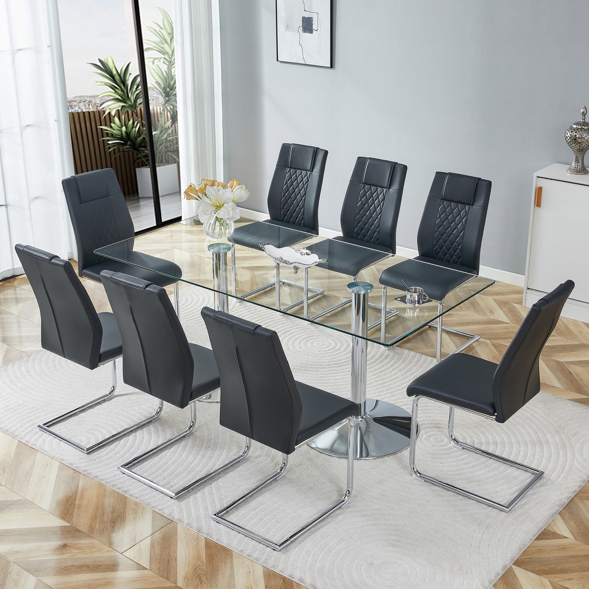 Table and chair set. 71 inch x 35.4-inch tempered glass table,Black High-quality PU Chairs With Arched Metal Legs, Modern Kitchen Table & 8 Seater Dining Room Furniture Set for Family Gatherings.