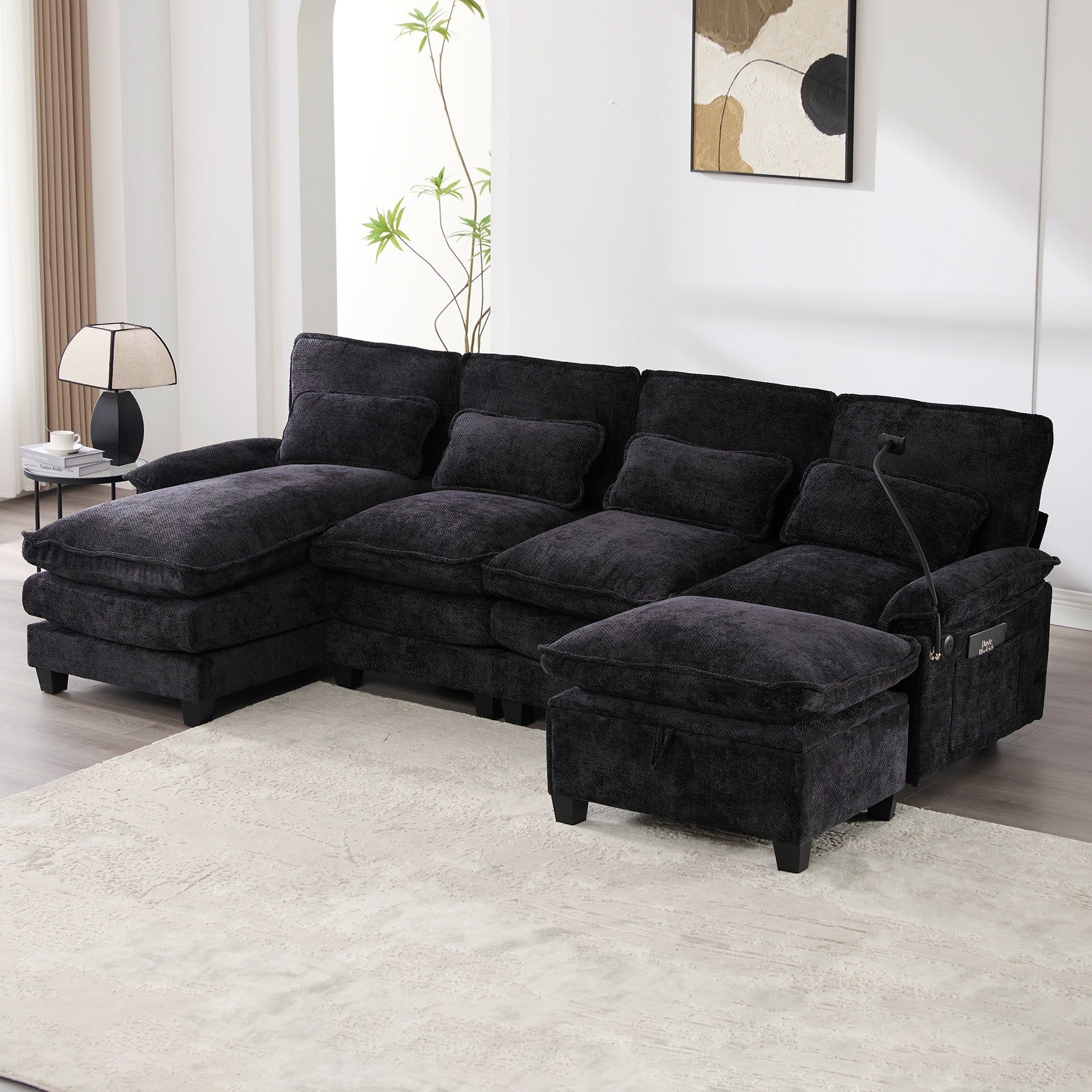 UNITED WE WIN 106" U Shape Sectional Sofa Cloud Couch for Living Room, Upholstery Comfy Modular Sofas, 4 Seat Chenille U-Shaped Sleeper Sofa with Chaise Lounge, Ottoman & Pillows