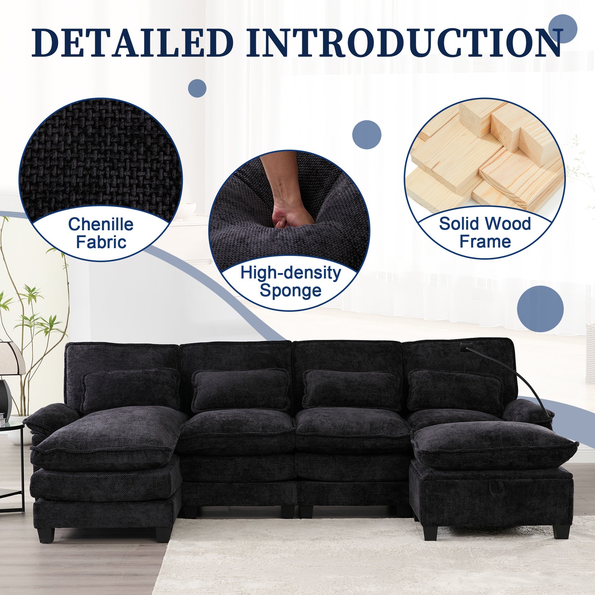 UNITED WE WIN 106" U Shape Sectional Sofa Cloud Couch for Living Room, Upholstery Comfy Modular Sofas, 4 Seat Chenille U-Shaped Sleeper Sofa with Chaise Lounge, Ottoman & Pillows