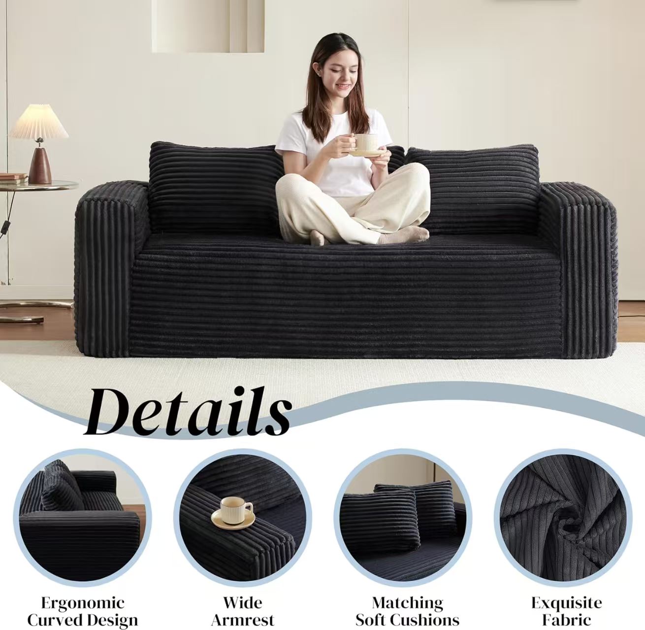 Cloud Loveseat Sofa Couch in a Box, 3 Seater Boneless Couch, Comfy Deep Seat Corduroy Sofa, Compressed, No Assembly, Memory Foam, Modern Small Couches for Small Spaces, Apartement