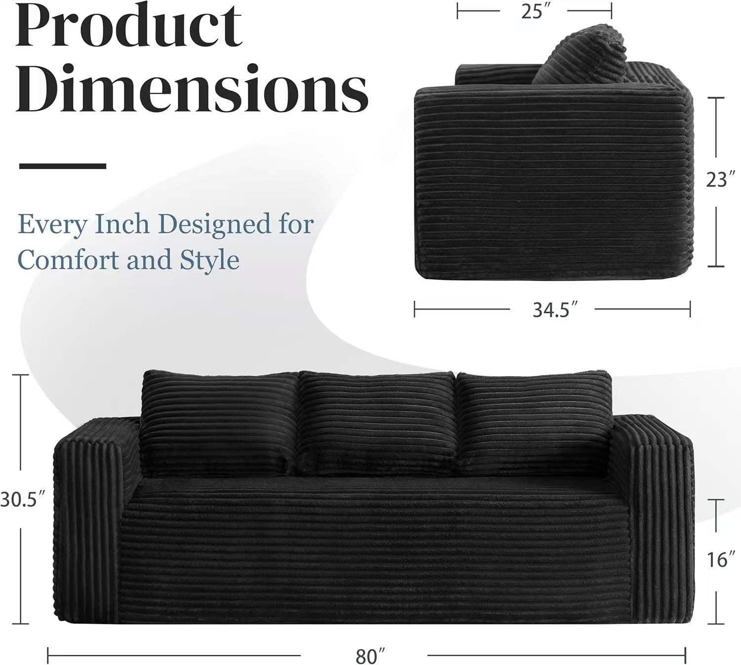 Cloud Loveseat Sofa Couch in a Box, 3 Seater Boneless Couch, Comfy Deep Seat Corduroy Sofa, Compressed, No Assembly, Memory Foam, Modern Small Couches for Small Spaces, Apartement