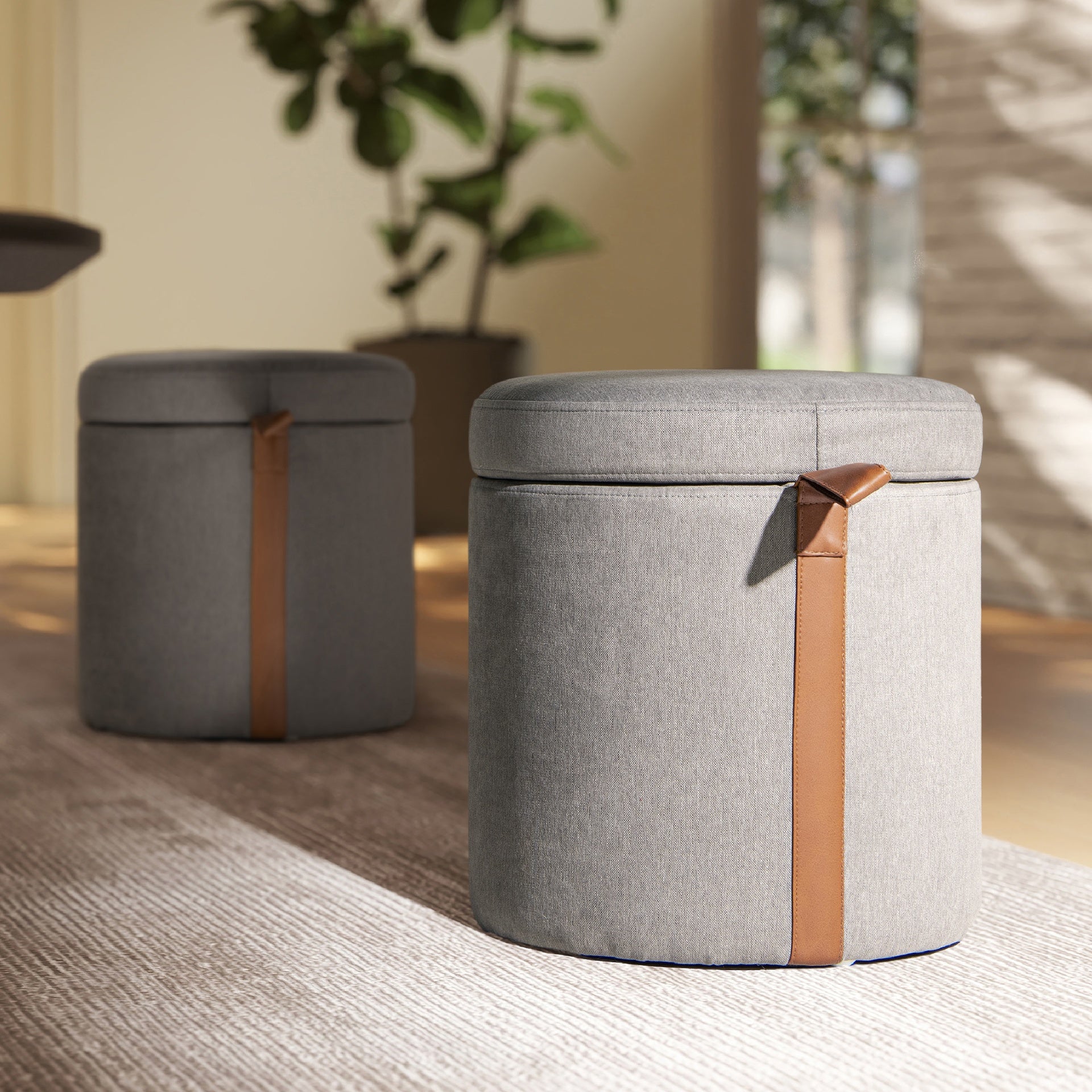 Brandy 14" Round Upholstered Storage Ottoman with Leather Accent, Uptown Gray