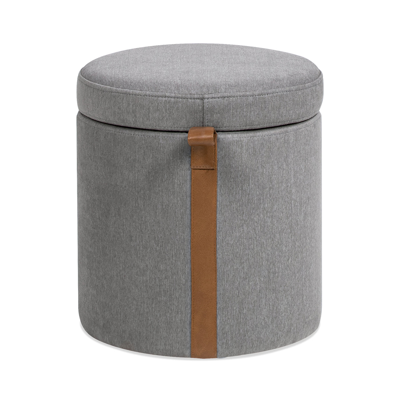 Brandy 14" Round Upholstered Storage Ottoman with Leather Accent, Uptown Gray