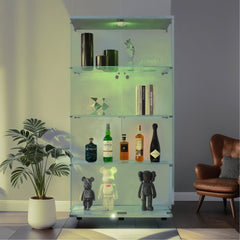 Lighted Two Door Glass Cabinet Glass Display Cabinet with 4 Shelves, White