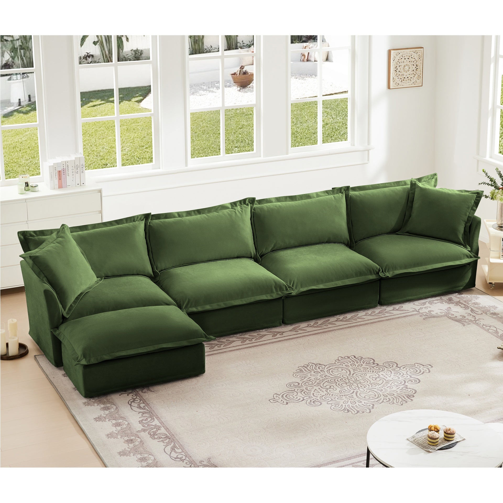 Slipcovered L Shape Sectional Long Sofa Couch, 4 Seater Sofa with Suppleness Armrests, Chenille Deep Seat Sofa with 2 Big Pillows, Comfy Couch for Living Room, Apartment, Chenille Fabric,Green