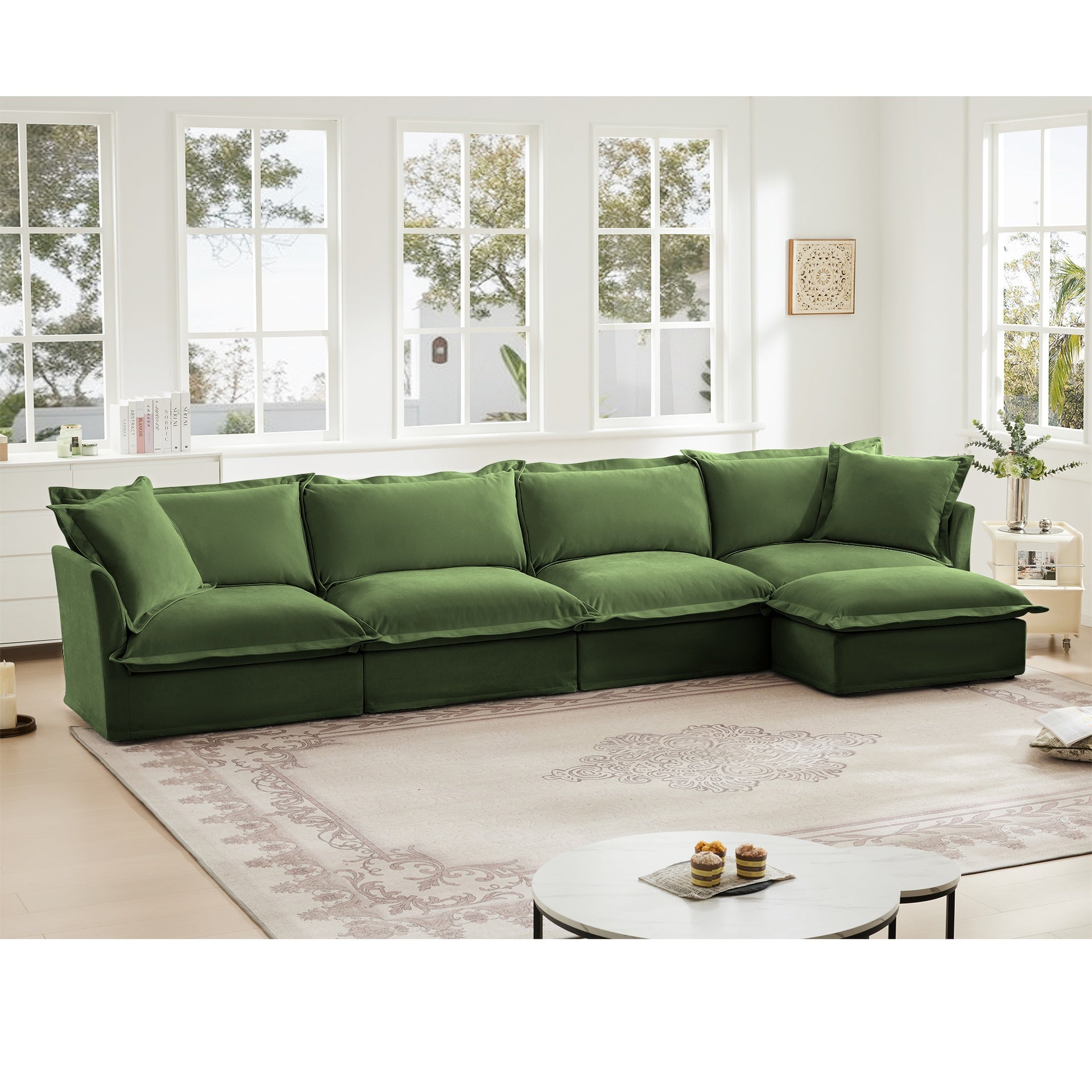 Slipcovered L Shape Sectional Long Sofa Couch, 4 Seater Sofa with Suppleness Armrests, Chenille Deep Seat Sofa with 2 Big Pillows, Comfy Couch for Living Room, Apartment, Chenille Fabric,Green