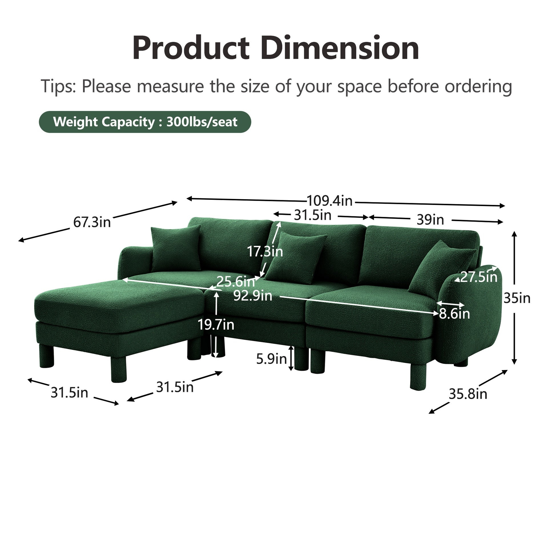 Boucle Fabric Convertible L Shape Sectional 3-seater Sofa Couch With Distinctive Shell-shaped Armrests And Removable Ottoman,Cylindrical Legs Wrapped with Self-fabric,Green Color