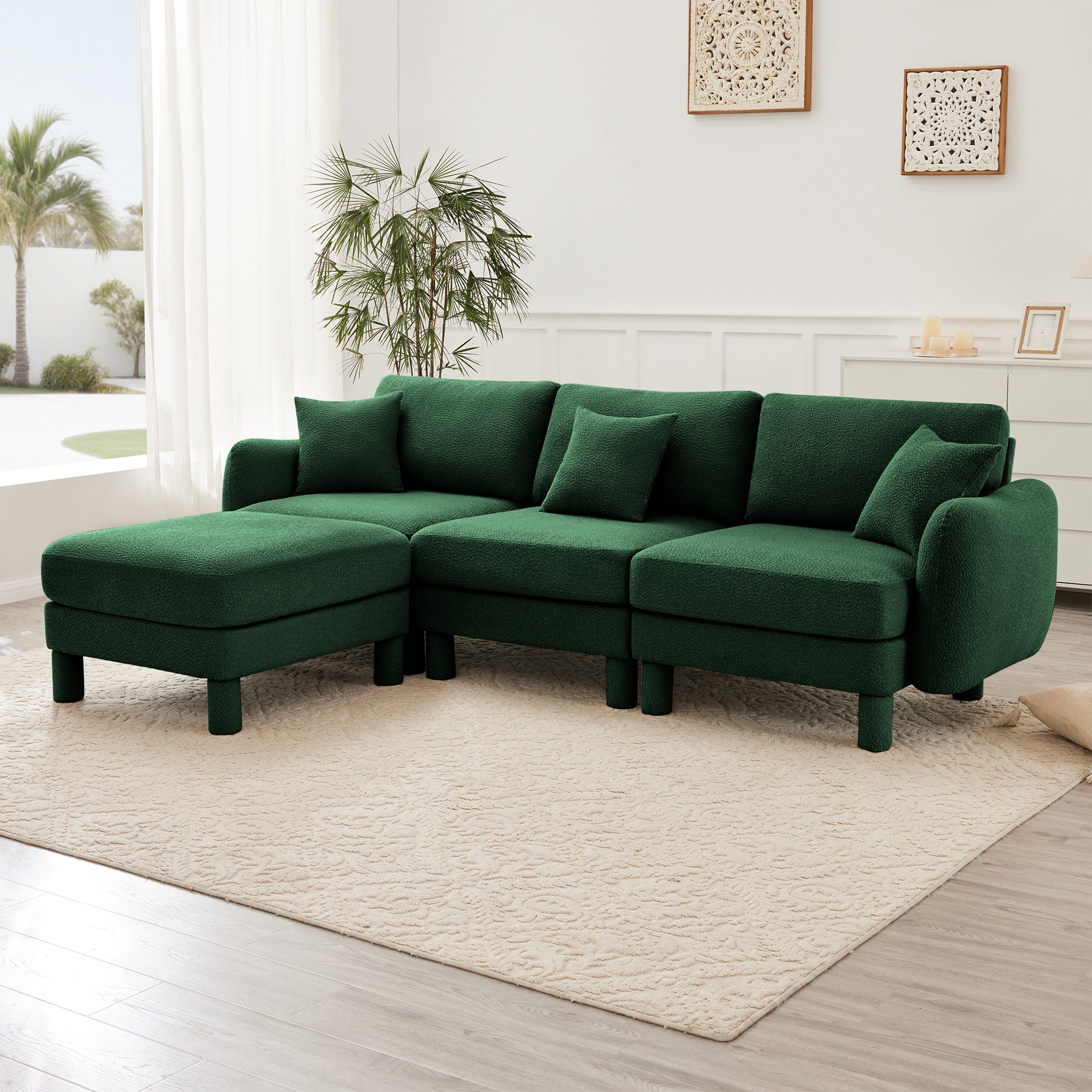 Boucle Fabric Convertible L Shape Sectional 3-seater Sofa Couch With Distinctive Shell-shaped Armrests And Removable Ottoman,Cylindrical Legs Wrapped with Self-fabric,Green Color
