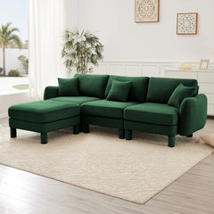 Boucle Fabric Convertible L Shape Sectional 3-seater Sofa Couch With Distinctive Shell-shaped Armrests And Removable Ottoman,Cylindrical Legs Wrapped with Self-fabric,Green Color