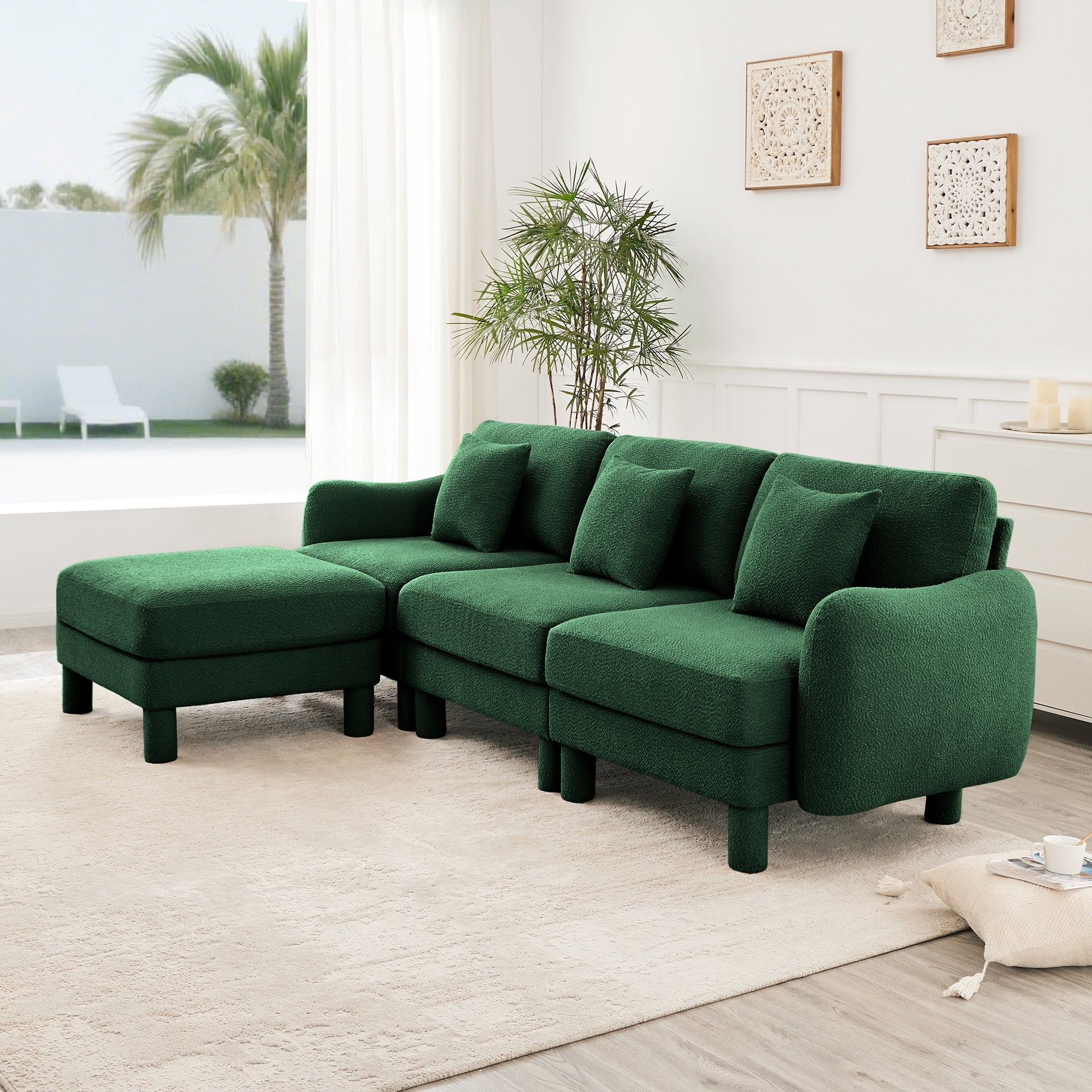 Boucle Fabric Convertible L Shape Sectional 3-seater Sofa Couch With Distinctive Shell-shaped Armrests And Removable Ottoman,Cylindrical Legs Wrapped with Self-fabric,Green Color
