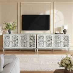 60" Antique Buffet Cabinet with Floral Carvings with Solid Wood Legs&Antique Brass Handles&Adjustable Shelves, TV Stand for 65''+ TV, Sideboard for Living Room,Dining Room (Antique Grey White)