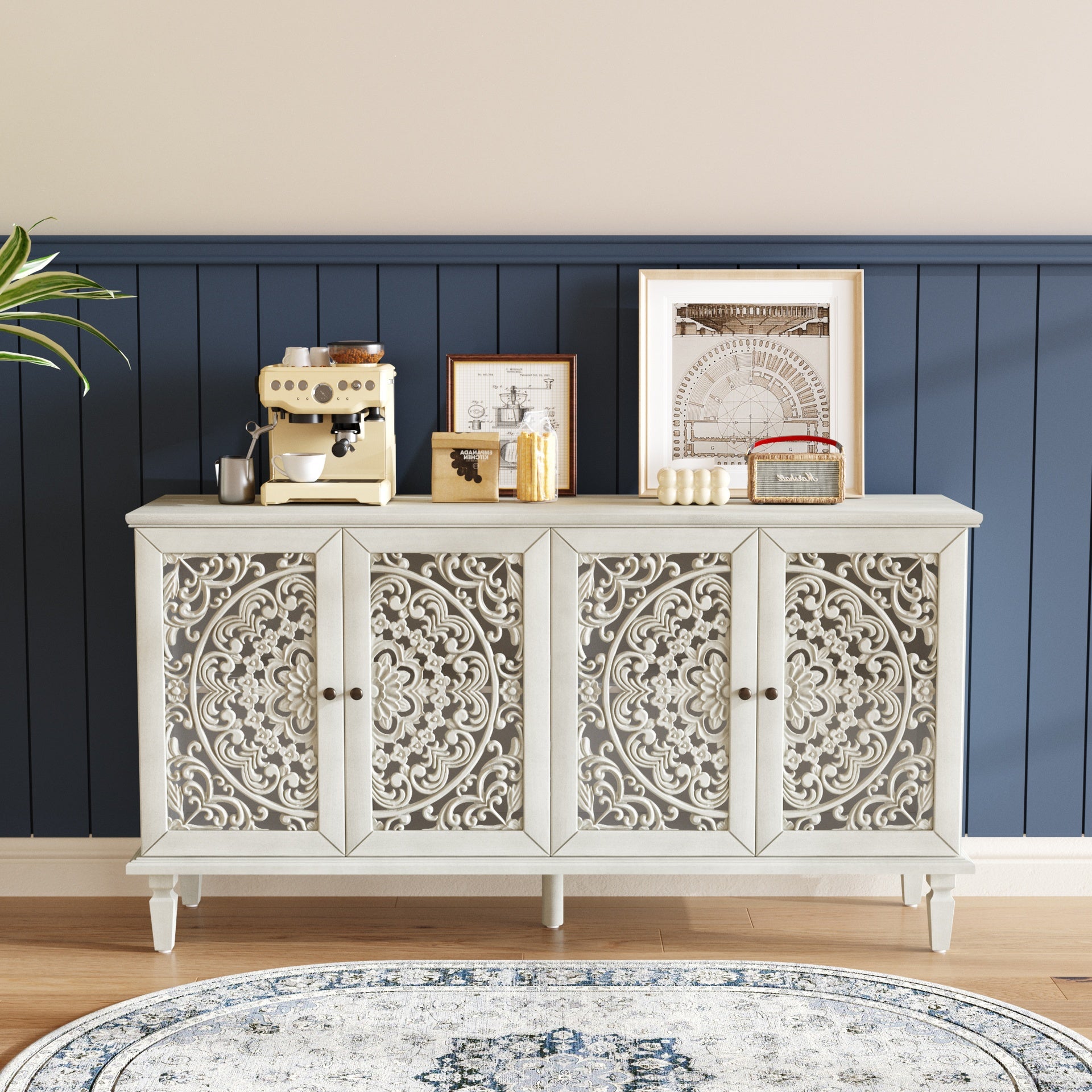 60" Antique Buffet Cabinet with Floral Carvings with Solid Wood Legs&Antique Brass Handles&Adjustable Shelves, TV Stand for 65''+ TV, Sideboard for Living Room,Dining Room (Antique Grey White)