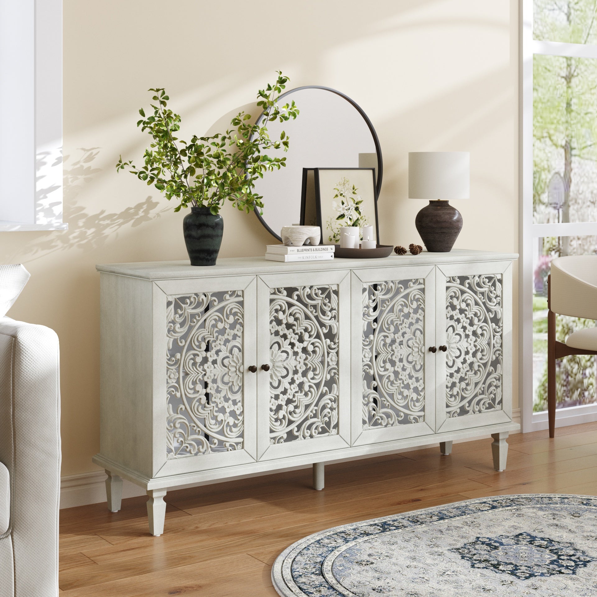 60" Antique Buffet Cabinet with Floral Carvings with Solid Wood Legs&Antique Brass Handles&Adjustable Shelves, TV Stand for 65''+ TV, Sideboard for Living Room,Dining Room (Antique Grey White)