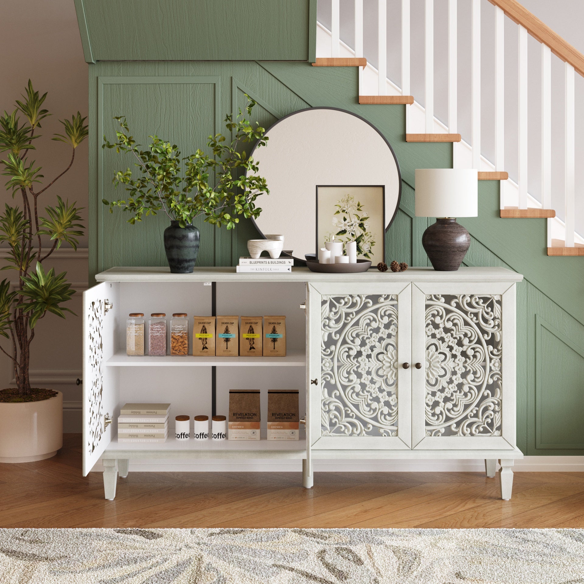 60" Antique Buffet Cabinet with Floral Carvings with Solid Wood Legs&Antique Brass Handles&Adjustable Shelves, TV Stand for 65''+ TV, Sideboard for Living Room,Dining Room (Antique Grey White)