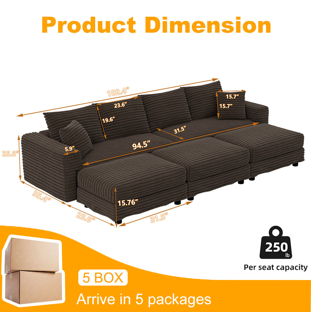 102.4 "Plush Corduroy 4-Seat Sofa,Modern Comfy Upholstered Sofa Cloud Couch,Deep Seat Couches with Soft Pillows and 3 Ottomans,Convertible Sofa Lounge Chair,Camel