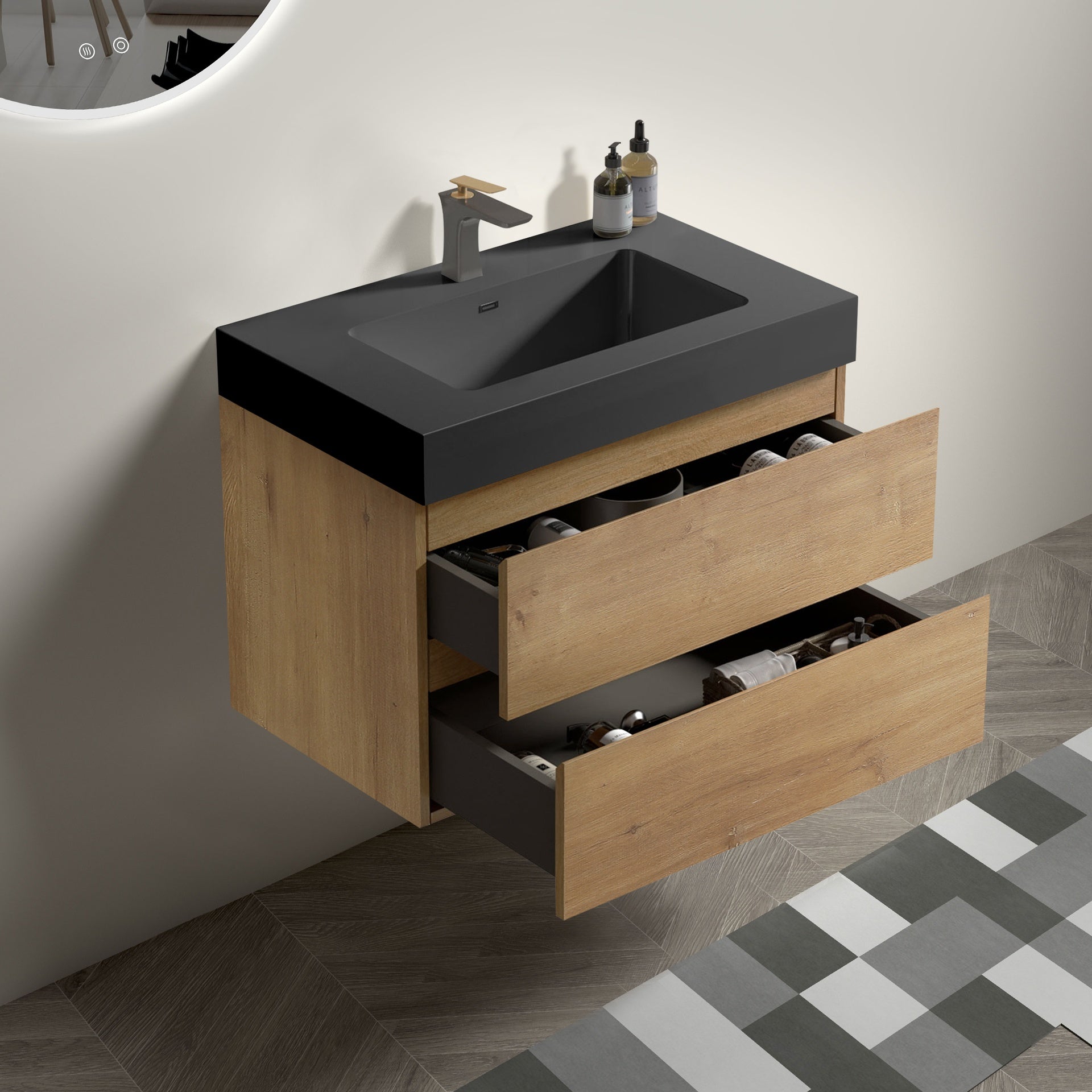 U091-Alice30W-106 Alice 30" Natural Oak Bathroom Vanity with Sink, Large Storage Wall Mounted Floating Bathroom Vanity for Modern Bathroom, One-Piece Black Sink Basin WITHOUT Drain, Pre-assembled