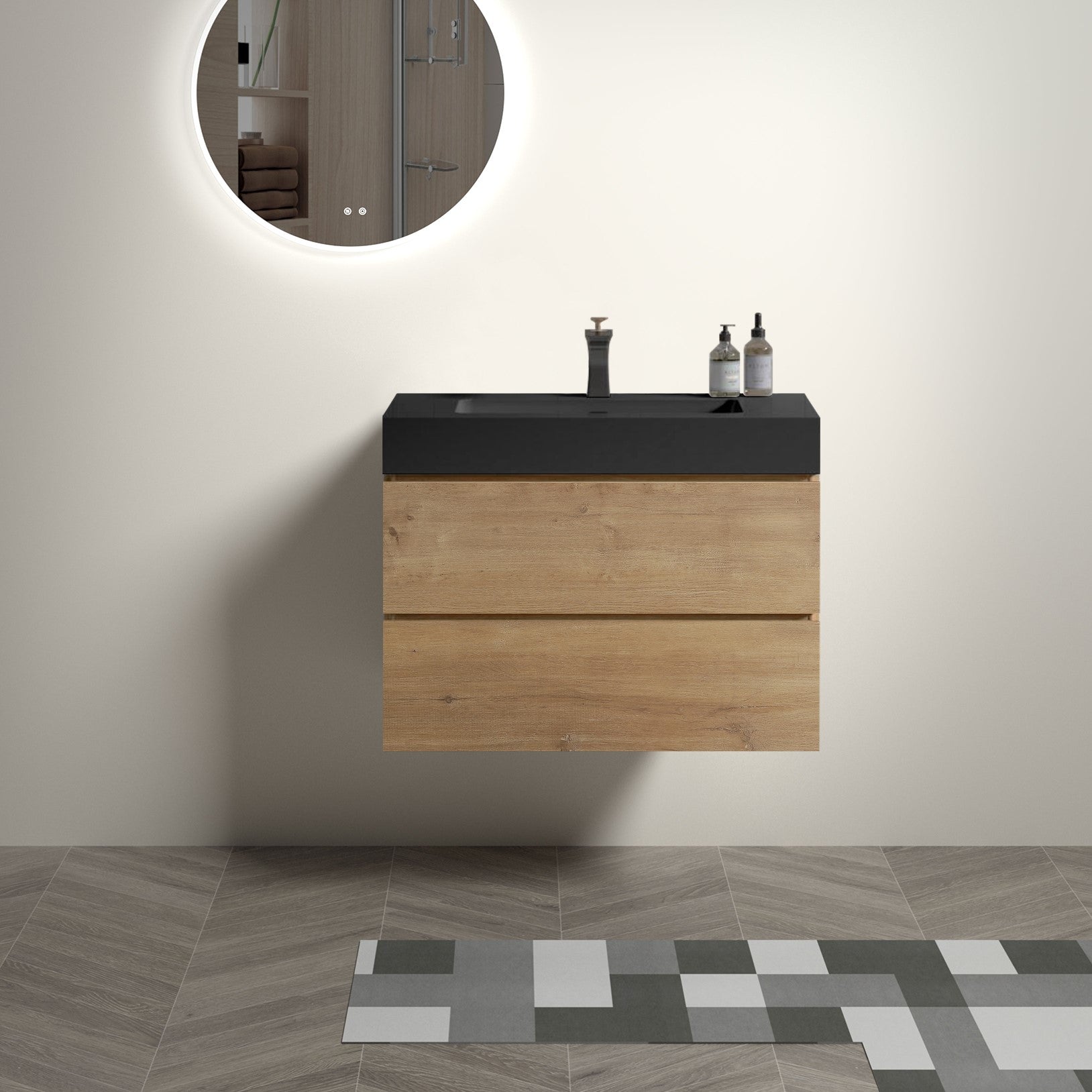 U091-Alice30W-106 Alice 30" Natural Oak Bathroom Vanity with Sink, Large Storage Wall Mounted Floating Bathroom Vanity for Modern Bathroom, One-Piece Black Sink Basin WITHOUT Drain, Pre-assembled