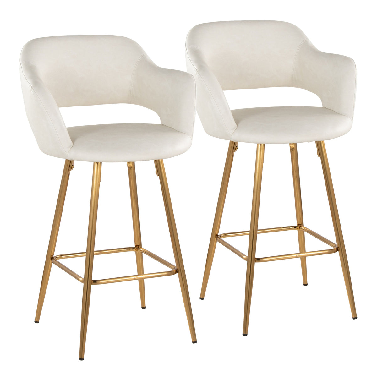 Margarite 26" Contemporary Fixed-Height Counter Stool in Gold Metal and Cream Faux Leather with Square Gold Metal Footrest by LumiSource - Set of 2