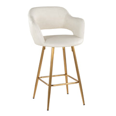 Margarite 26" Contemporary Fixed-Height Counter Stool in Gold Metal and Cream Faux Leather with Square Gold Metal Footrest by LumiSource - Set of 2