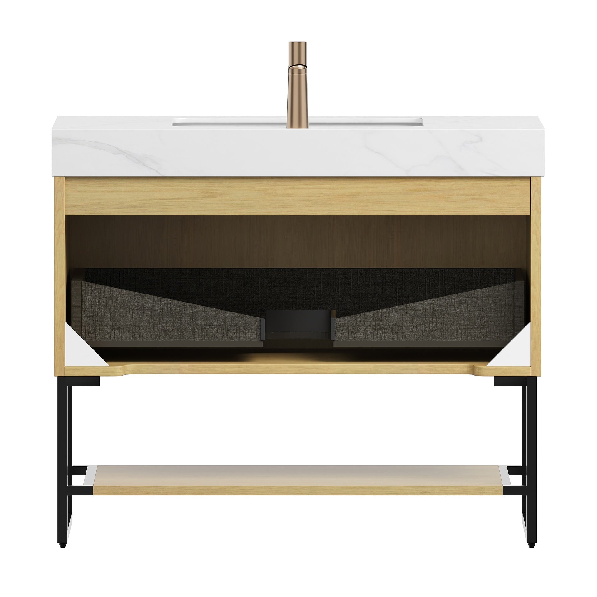YOLAN 36" Bathroom Vanity&Sink, Freestanding Striped Plywood Storage Cabinet with Drawer & Open Shelf, Carrara White Sintered Stone Top & Undermount Ceramic Basin, Pre-assembled, Corolla Oak Woodgrain