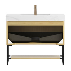 YOLAN 36" Bathroom Vanity&Sink, Freestanding Striped Plywood Storage Cabinet with Drawer & Open Shelf, Carrara White Sintered Stone Top & Undermount Ceramic Basin, Pre-assembled, Corolla Oak Woodgrain