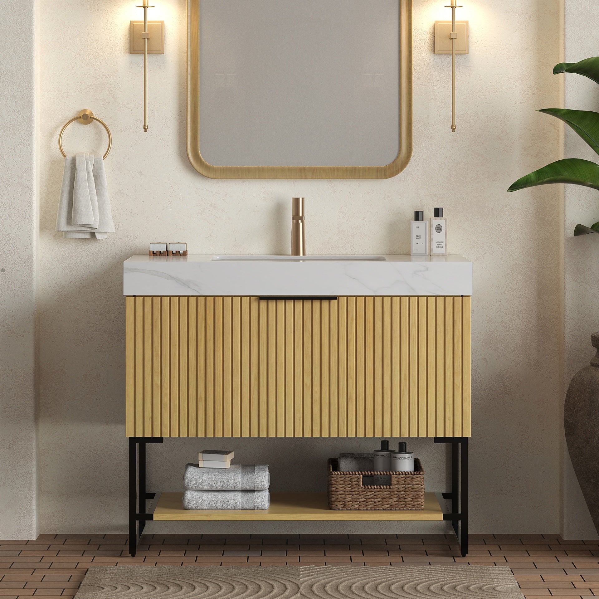 YOLAN 36" Bathroom Vanity&Sink, Freestanding Striped Plywood Storage Cabinet with Drawer & Open Shelf, Carrara White Sintered Stone Top & Undermount Ceramic Basin, Pre-assembled, Corolla Oak Woodgrain