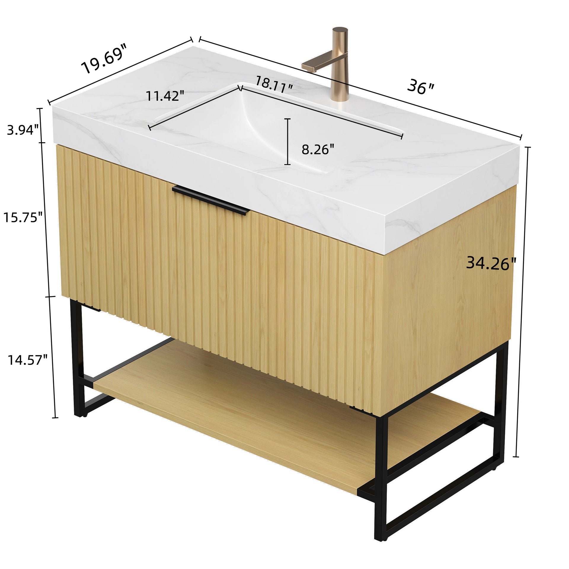 YOLAN 36" Bathroom Vanity&Sink, Freestanding Striped Plywood Storage Cabinet with Drawer & Open Shelf, Carrara White Sintered Stone Top & Undermount Ceramic Basin, Pre-assembled, Corolla Oak Woodgrain