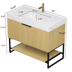 YOLAN 36" Bathroom Vanity&Sink, Freestanding Striped Plywood Storage Cabinet with Drawer & Open Shelf, Carrara White Sintered Stone Top & Undermount Ceramic Basin, Pre-assembled, Corolla Oak Woodgrain