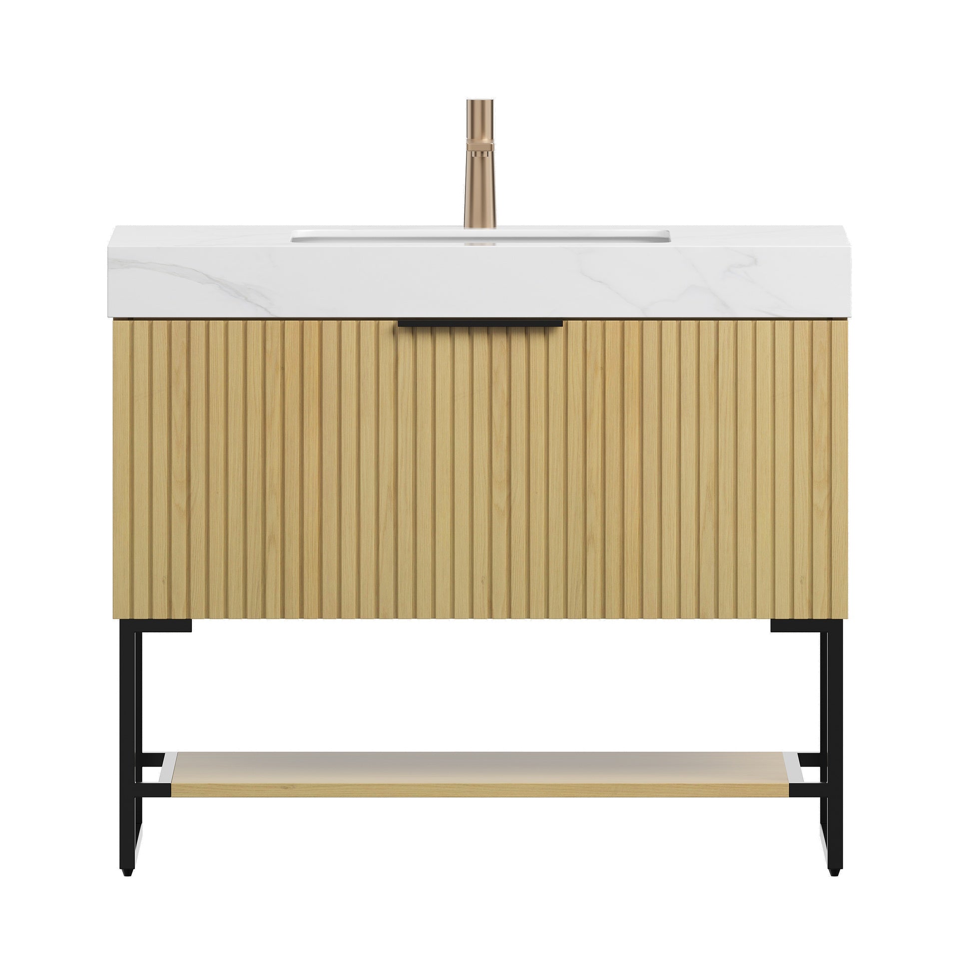 YOLAN 36" Bathroom Vanity&Sink, Freestanding Striped Plywood Storage Cabinet with Drawer & Open Shelf, Carrara White Sintered Stone Top & Undermount Ceramic Basin, Pre-assembled, Corolla Oak Woodgrain