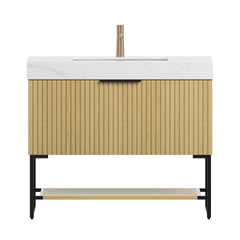 YOLAN 36" Bathroom Vanity&Sink, Freestanding Striped Plywood Storage Cabinet with Drawer & Open Shelf, Carrara White Sintered Stone Top & Undermount Ceramic Basin, Pre-assembled, Corolla Oak Woodgrain