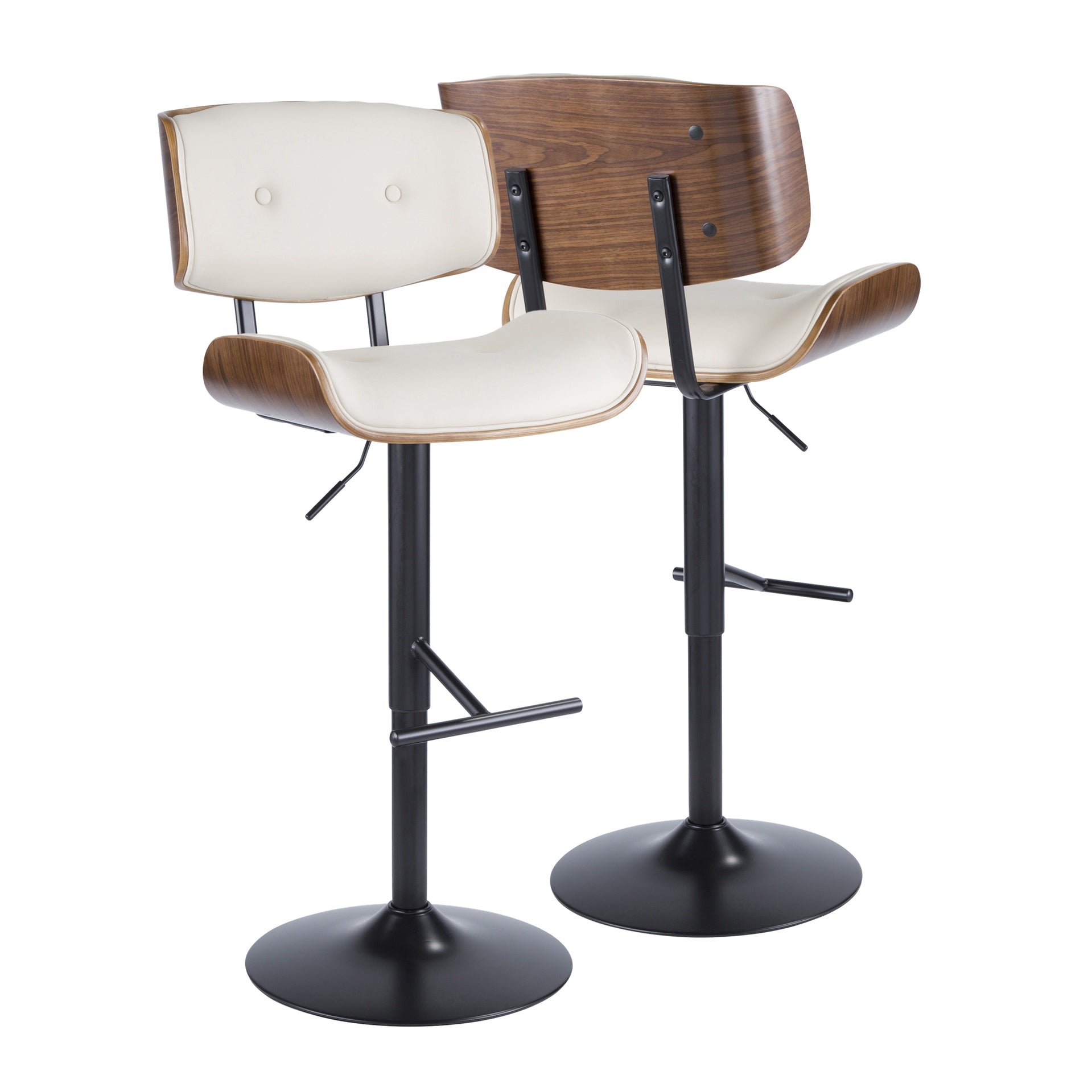 Lombardi Mid-Century Modern Adjustable Barstool with Swivel in Walnut with Cream Faux Leather by LumiSource - Set of 2
