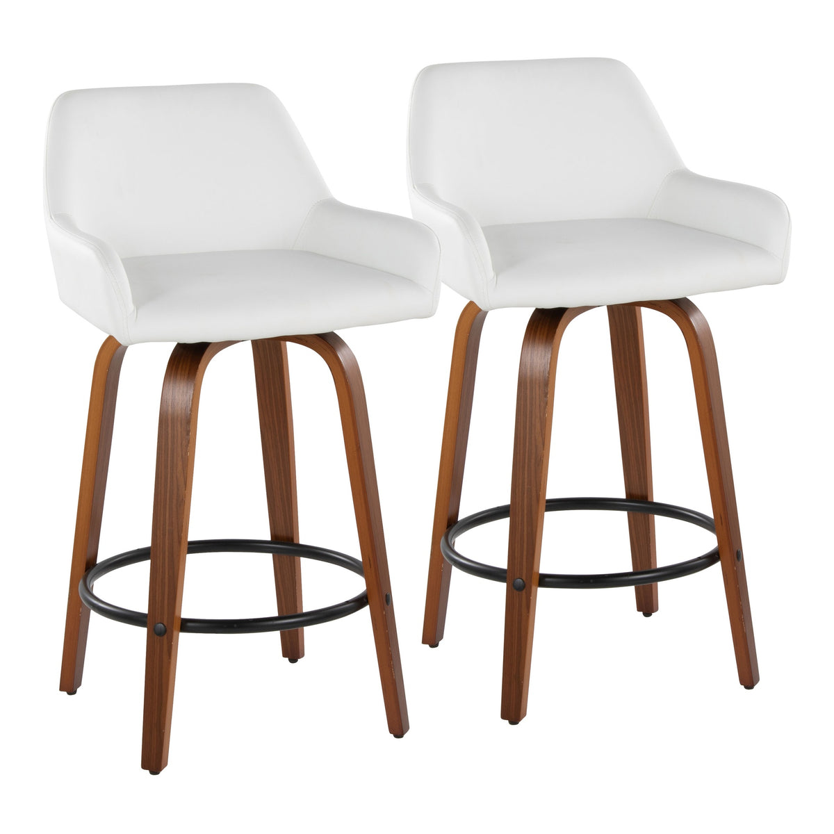 Daniella 26" Contemporary Fixed-Height Counter Stool with Swivel in Walnut Wood and White Faux Leather with Round Black Metal Footrest by LumiSource - Set of 2