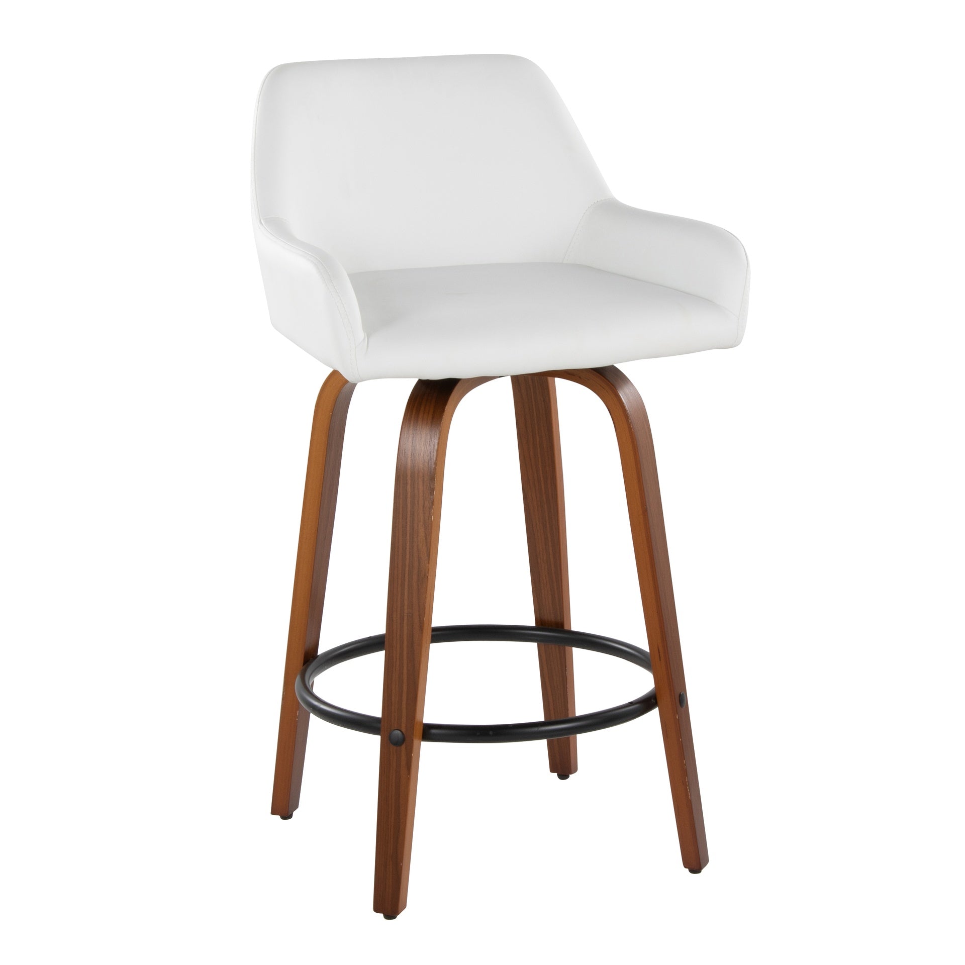 Daniella 26" Contemporary Fixed-Height Counter Stool with Swivel in Walnut Wood and White Faux Leather with Round Black Metal Footrest by LumiSource - Set of 2