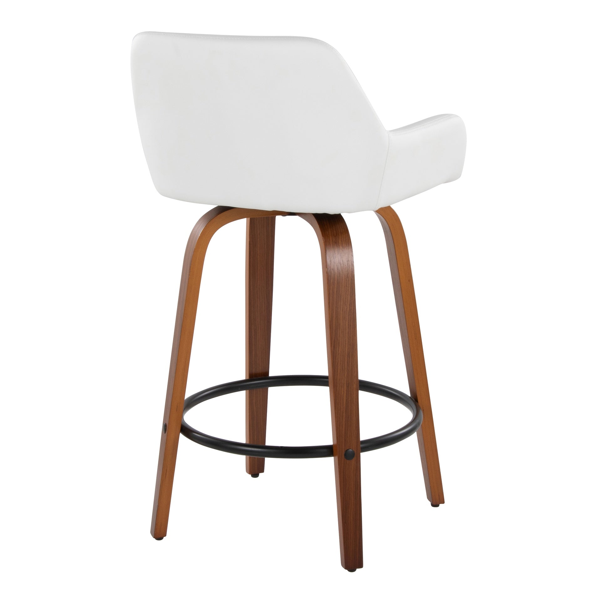 Daniella 26" Contemporary Fixed-Height Counter Stool with Swivel in Walnut Wood and White Faux Leather with Round Black Metal Footrest by LumiSource - Set of 2