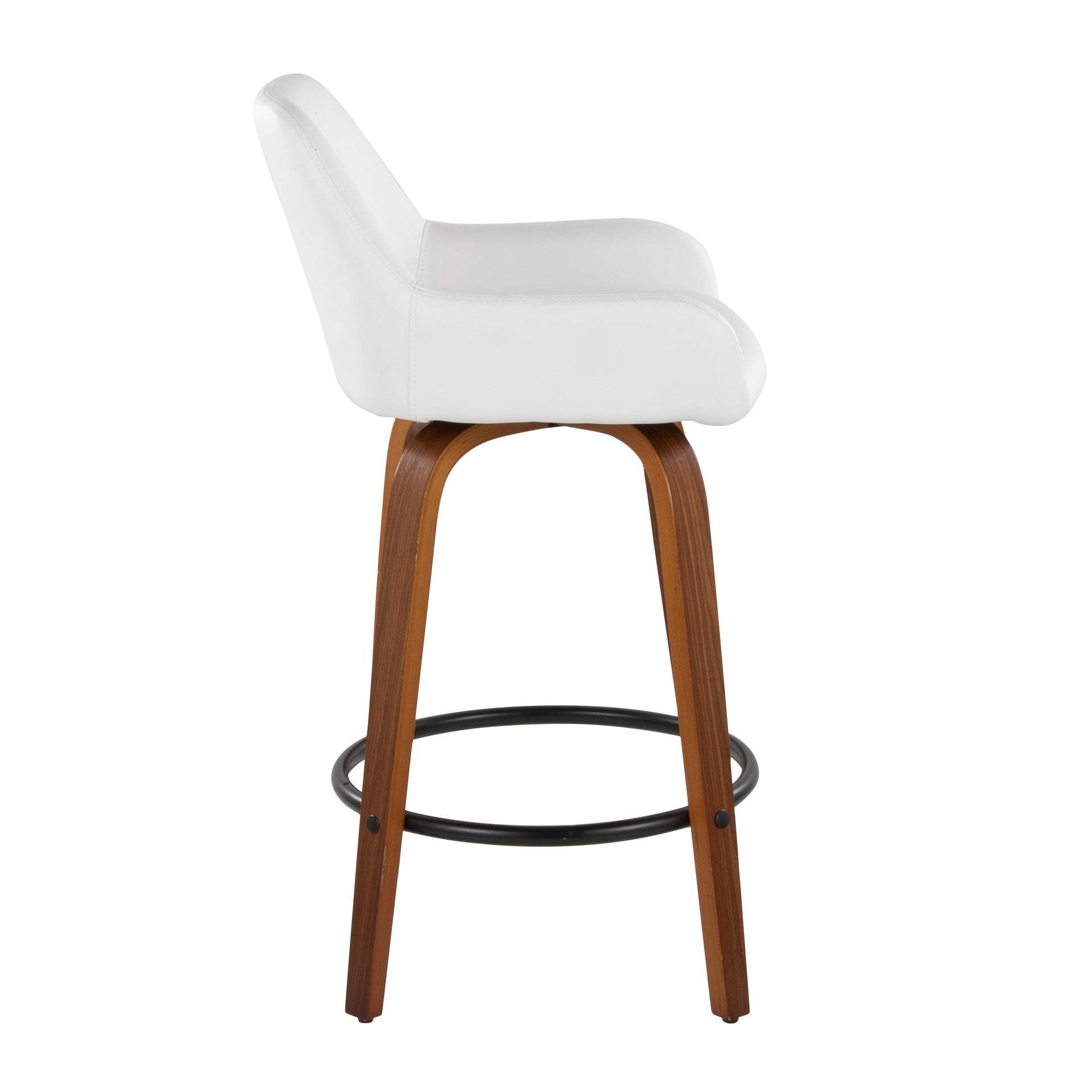Daniella 26" Contemporary Fixed-Height Counter Stool with Swivel in Walnut Wood and White Faux Leather with Round Black Metal Footrest by LumiSource - Set of 2