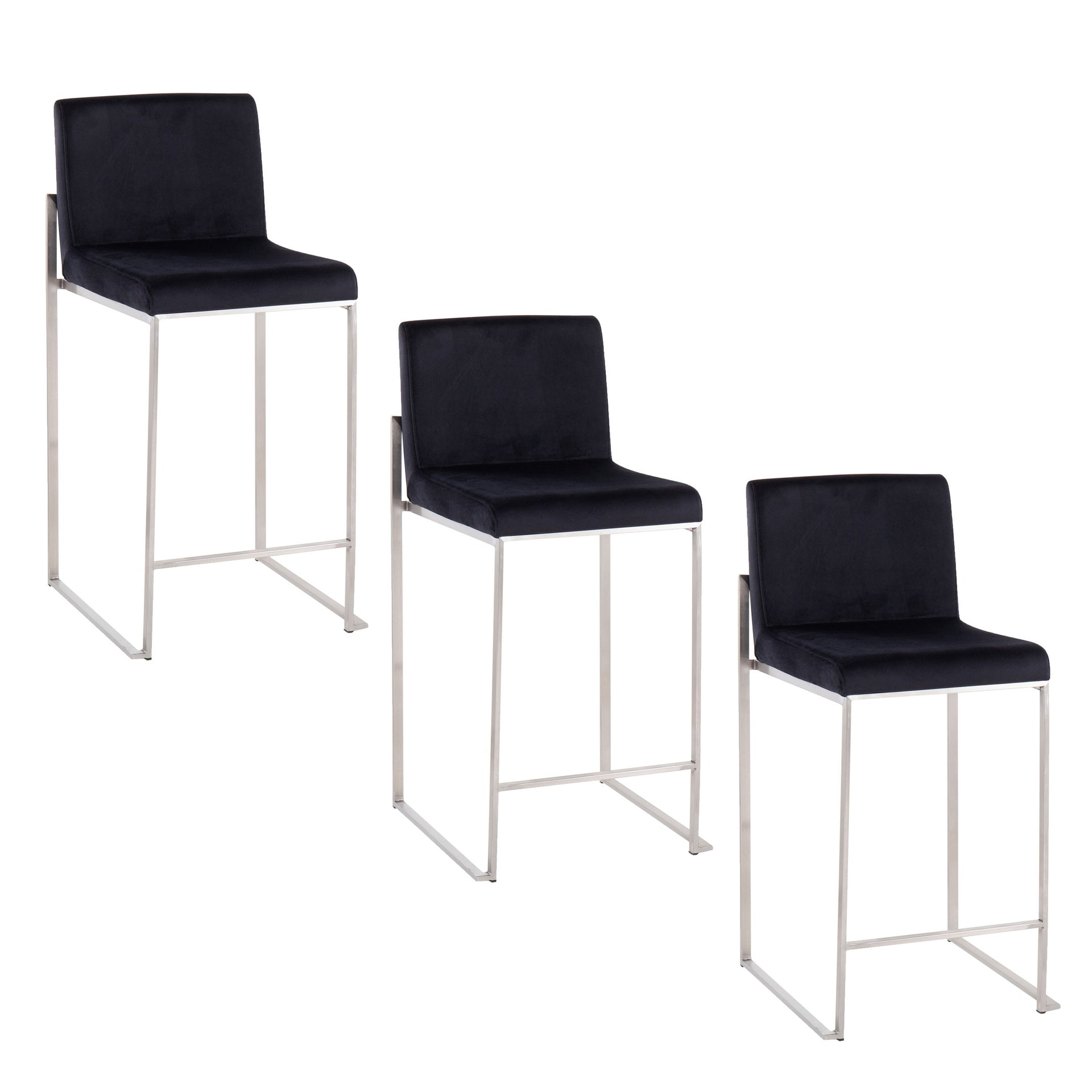 Fuji 26" Contemporary High Back Counter Stool in Stainless Steel and Black Velvet by LumiSource - Set of 3