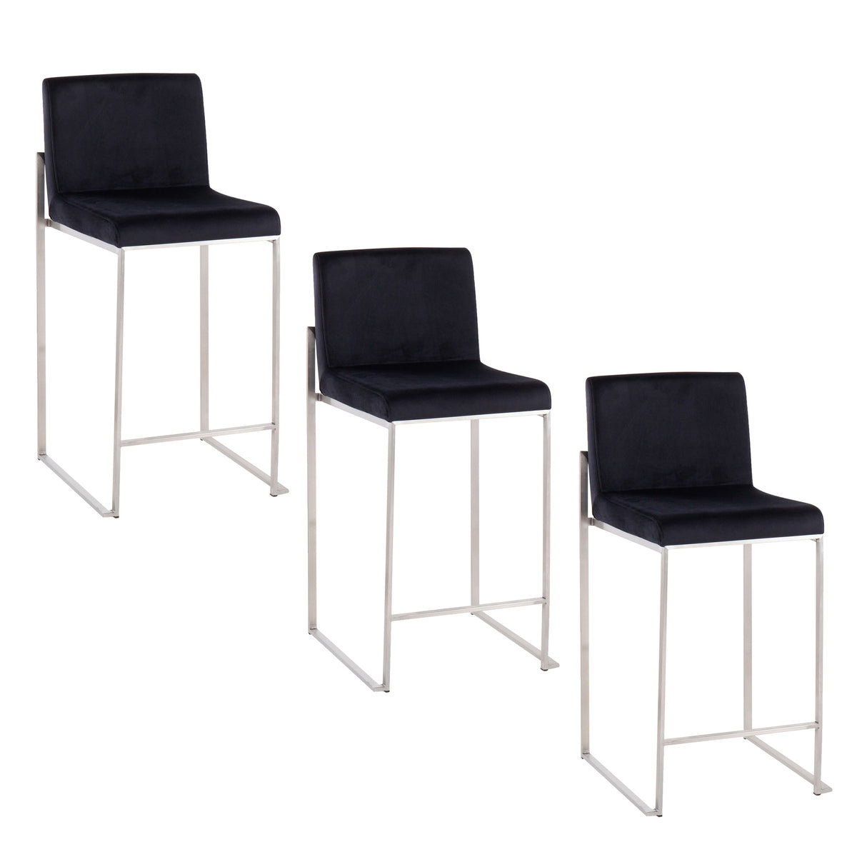 Fuji 26" Contemporary High Back Counter Stool in Stainless Steel and Black Velvet by LumiSource - Set of 3