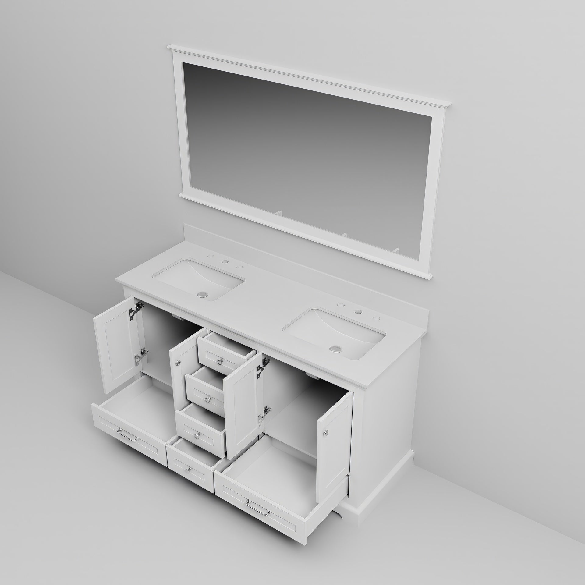 White Double Bath Vanity 60 in. W x 22 in. D, Cultured Marble Top, and 58 in. Mirror