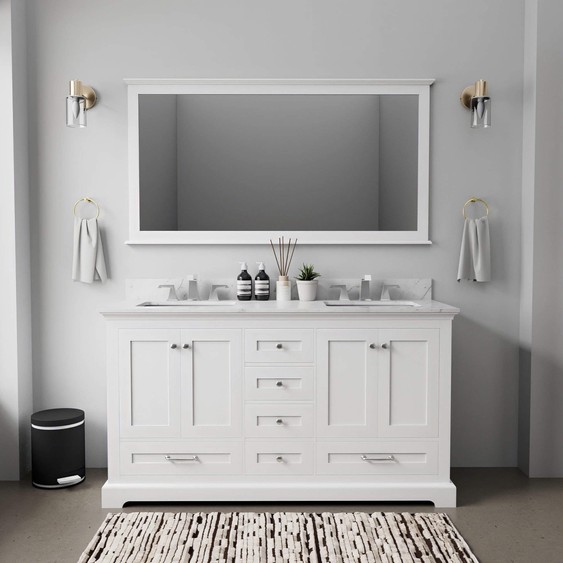White Double Bath Vanity 60 in. W x 22 in. D, Carrara Marble Top, and 58 in. Mirror